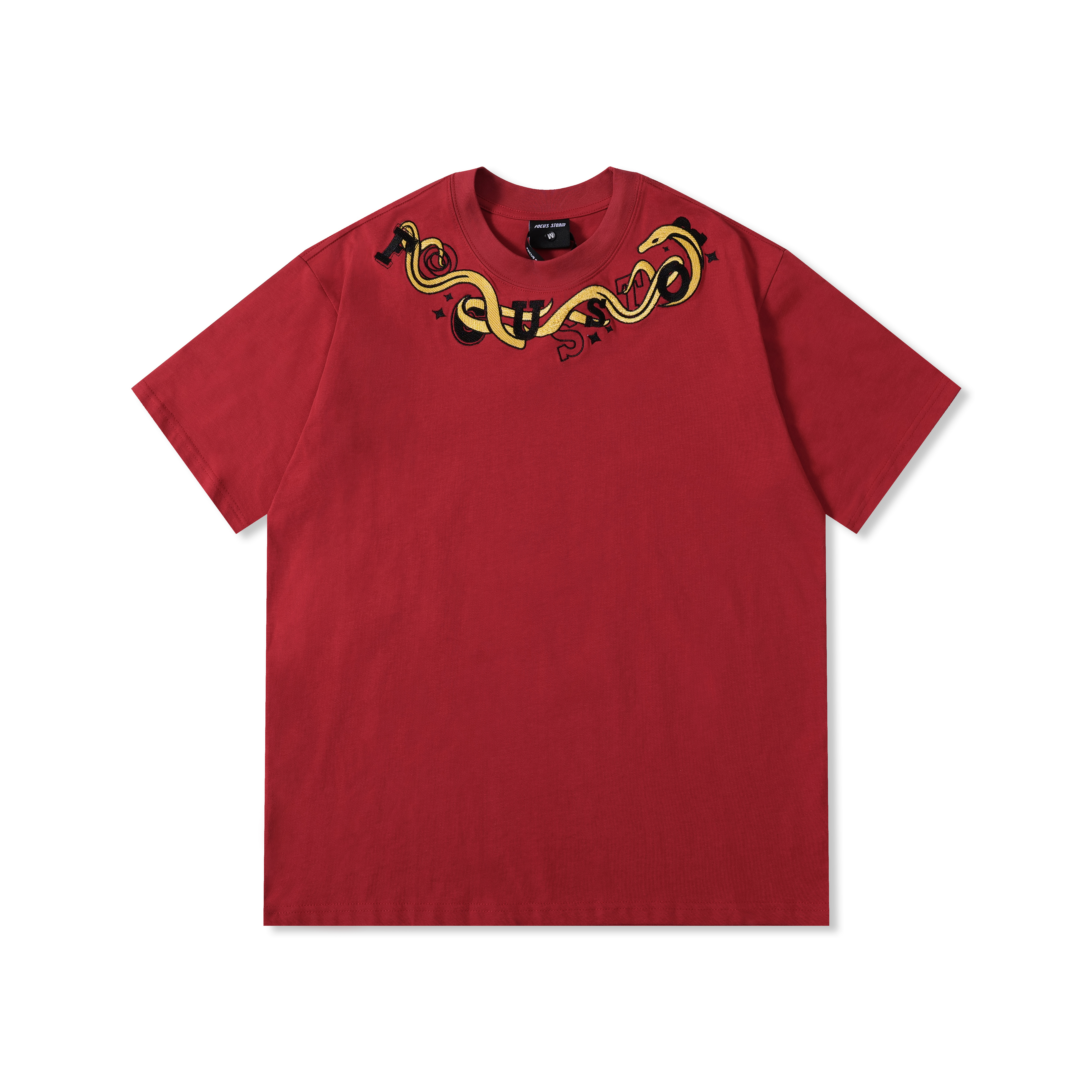 Focus Storm 2025 Summer Ins American Retro Year of the Snake Embroidered Men's Streetwear High Street Casual Short Sleeve T-Shirt 97502# zx - Focus Storm