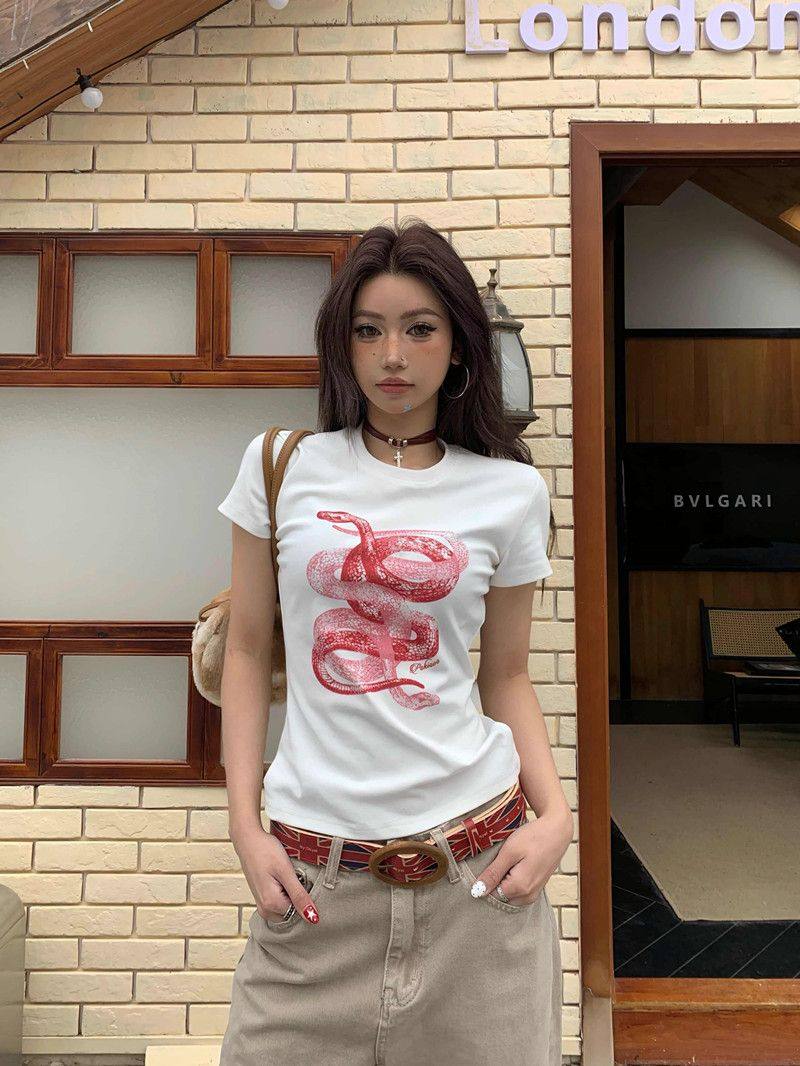 Spring 2026! Focus Storm American Vintage Snake Print Slim-Fit Cropped Short Sleeve T-Shirt R9009Z# zx - Focus Storm